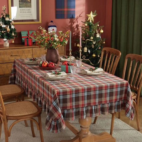Christmas Plaid Ruffled Tablecloth Round and Rectangle Table Decoration