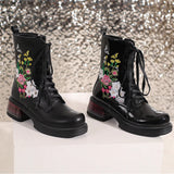 Wildflower Embroidery Lace Up Ankle Boots Black Platform Chunky Heels Large Sizes