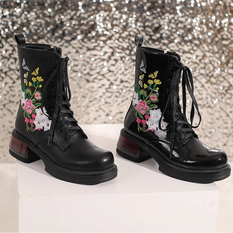 Wildflower Embroidery Lace Up Ankle Boots Black Platform Chunky Heels Large Sizes