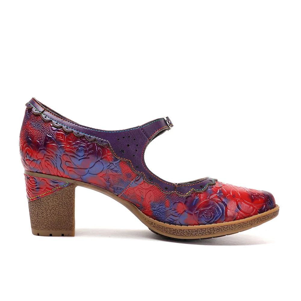 Sally's Embossed Genuine Leather Red Pump Heels Shoes
