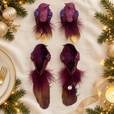 Purple Feather Birds 4PCS Christmas Clip On Tree Ornaments
