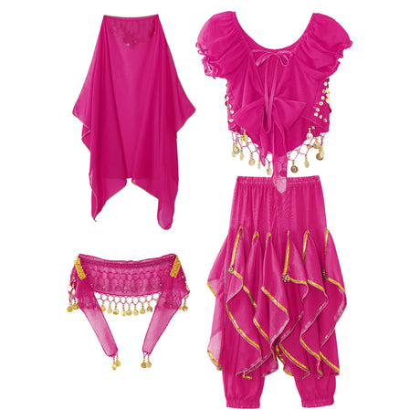 Girls Belly Dance Performance Outfit 4pcs Stage Costume Puff Sleeve Crop Top Ruffled Pants Hip Scarf Headscarf