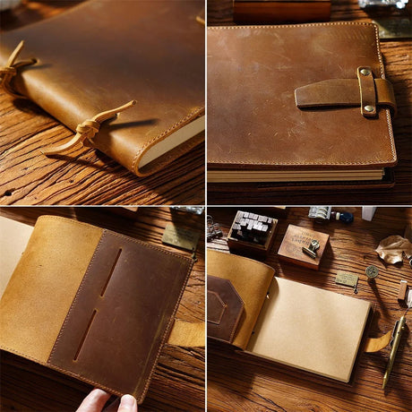 Stitched Genuine Leather Notebook 6 Colours Handmade Journal with Lock Blank Kraft Paper 200 Pages Sketchbook