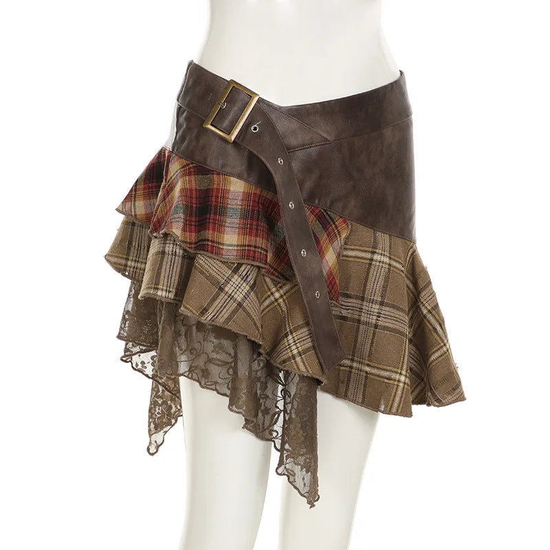 Goblincore Grunge Irregular Spliced Lace Plaid Skirt