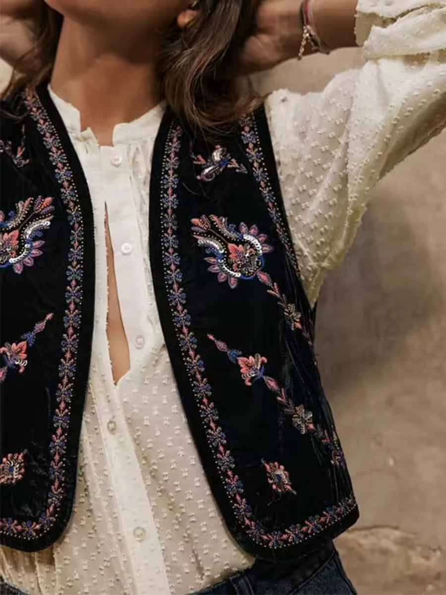Janet's Floral Embroidered Velvet Vest Waistcoat
