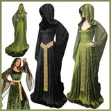 Mysterious Medieval Lady Cosplay Green Black Hooded Gown Renaissance Costume