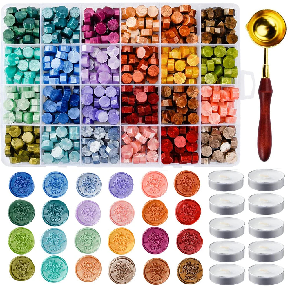 624pcs Metallic Assorted Colour Wax Seal Beads Kit 1 wooden spoon 10pcs Candles set - 24 Colours Sealing Wax Beads
