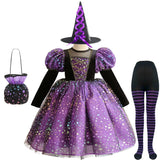 Purple Witch Girls Halloween Costume Star Tulle Party Dresses with Props