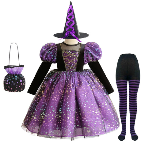 Purple Witch Girls Halloween Costume Star Tulle Party Dresses with Props