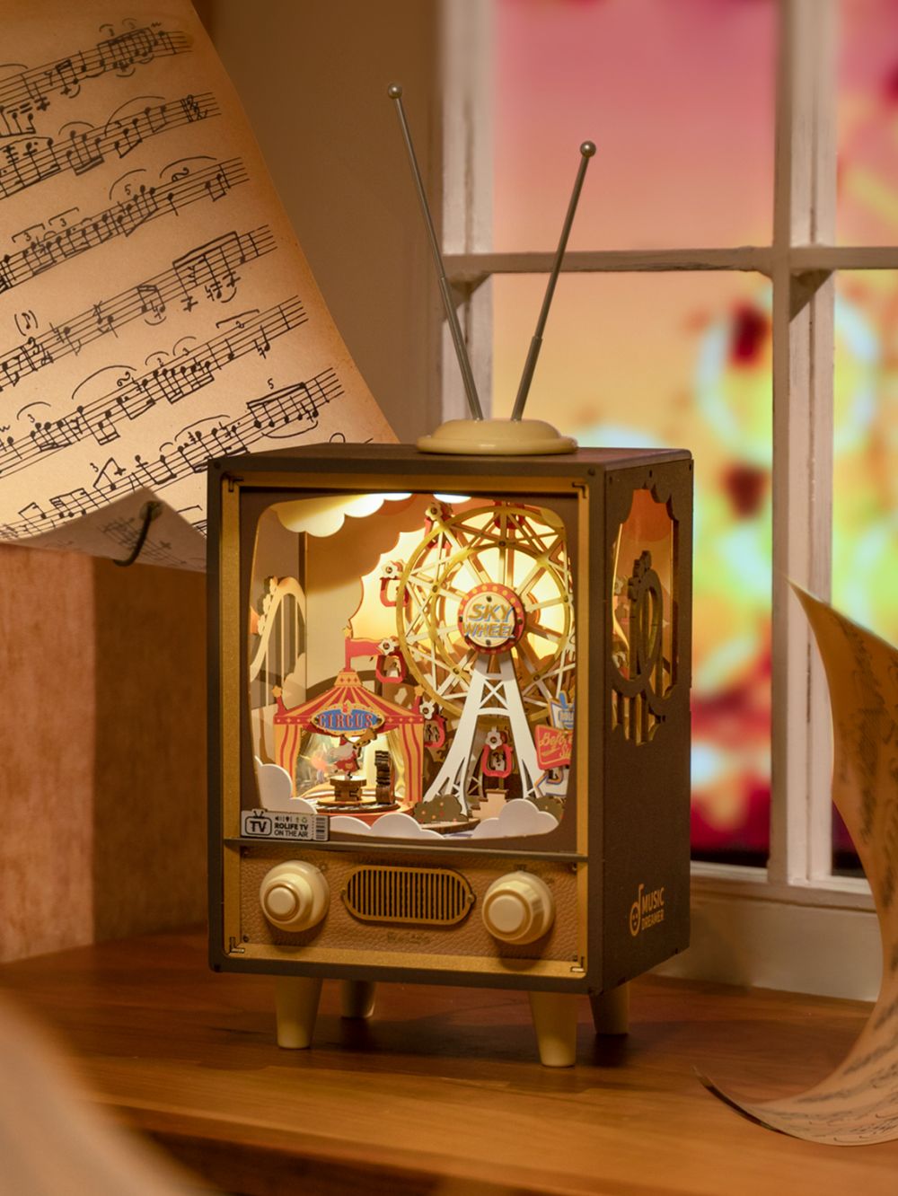 Sunset Carnival Retro TV Music Boxes with Lights 3D Wooden DIY Model Kit Puzzle Toys