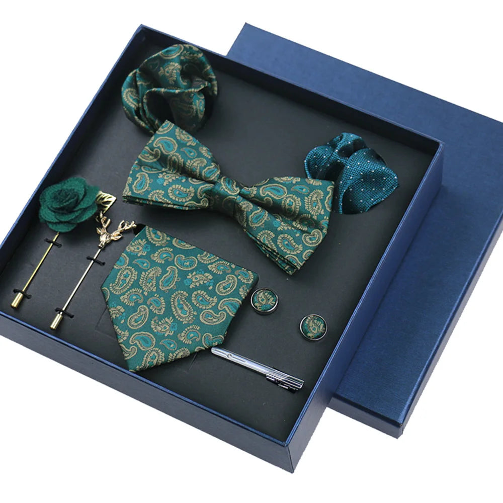 Men's 8pcs Tie Set Wedding Cravat Silk Bowtie Pocket Square Cufflinks Brooch Box Set Gifts For Men