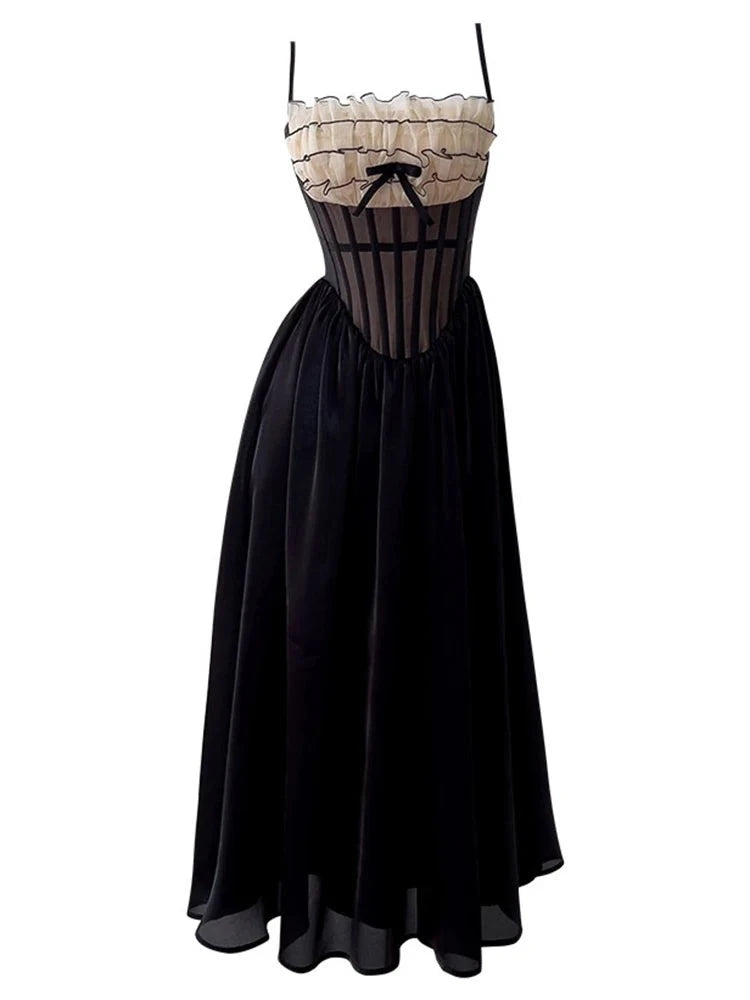 Justine's French Black Lace Sling Spliced Ruffles Bandage Backless Dress