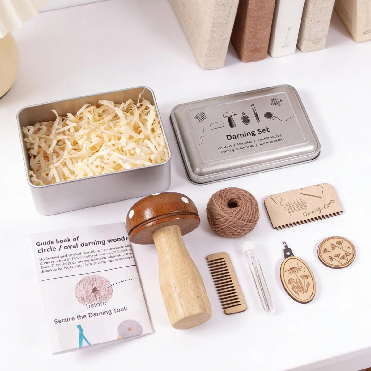 Wooden Mushroom Darning Kit Loom Complete Craft Supplies Sock Repair Kit Mending Tool For Embroidery DIY Crafts Clothes Fabric