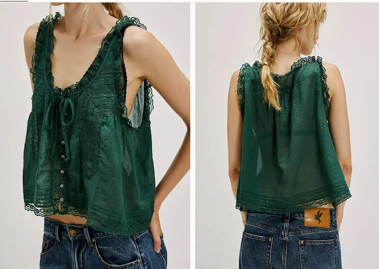 Pip's Summer Cotton Camis Crop Tops Boho Spliced Lace Tank Tops
