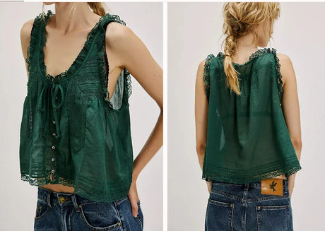 Pip's Summer Cotton Camis Crop Tops Boho Spliced Lace Tank Tops