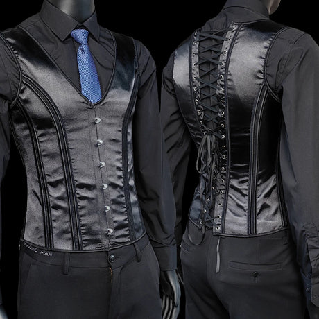Vintage Circus Men's Boned Waistcoat Corset Vest Lace Up Burlesque Performance Stage Costume