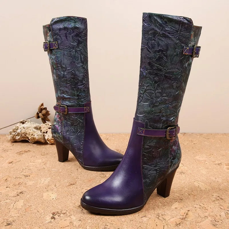 Purple Embossed Dragonfly Genuine Leather Long Boots
