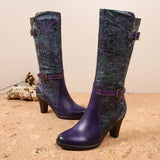 Purple Embossed Dragonfly Genuine Leather Long Boots