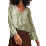Y2K Boho Long Sleeve Lace Patchwork Button-down Tops 100% Cotton