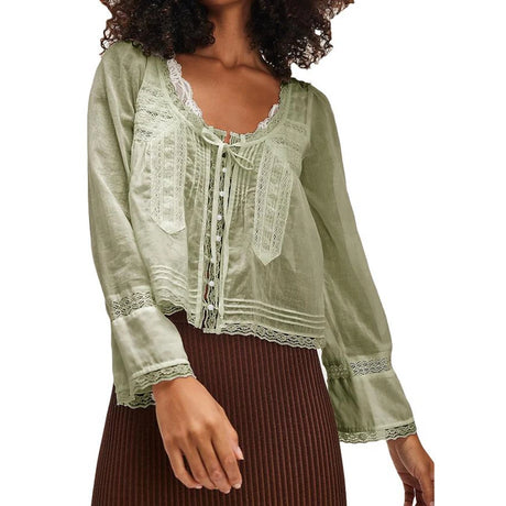 Y2K Boho Long Sleeve Lace Patchwork Button-down Tops 100% Cotton
