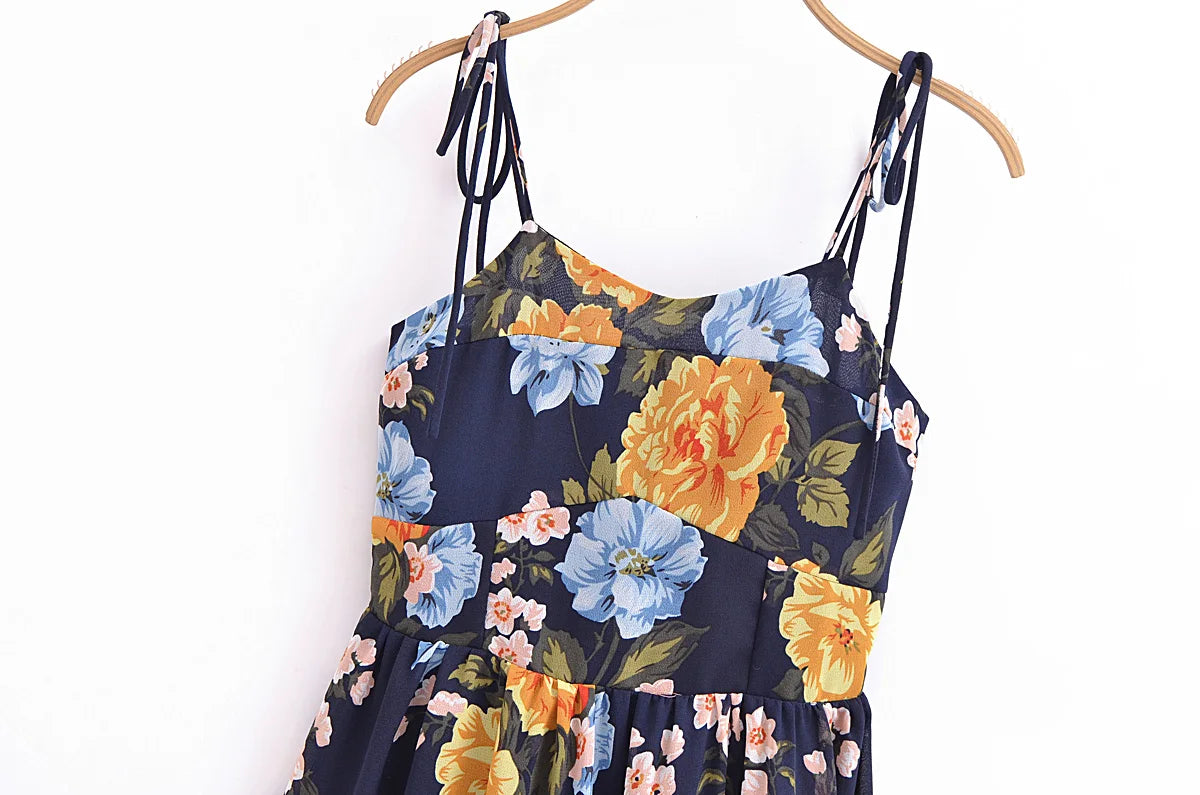 Sharona's Navy Blue Floral Print Spaghetti Strap Dress