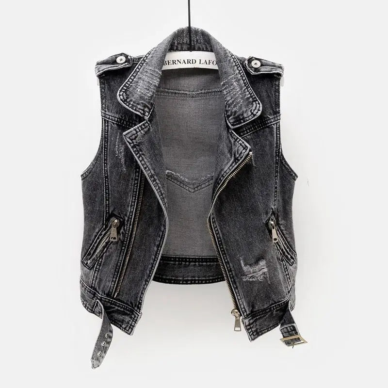 Black Denim Sleeveless Jacket Grunge Ripped Vest