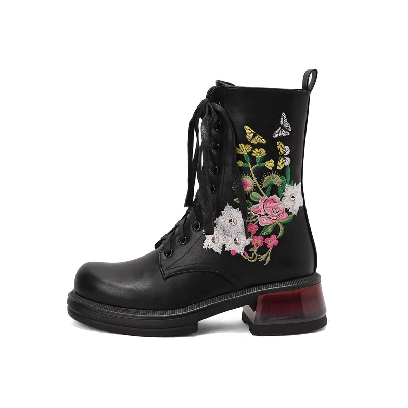 Wildflower Embroidery Lace Up Ankle Boots Black Platform Chunky Heels Large Sizes