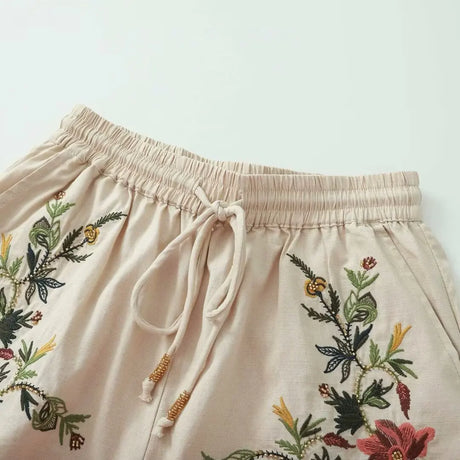 Terra's Boho Summer Cotton Linen Short Sets Camis Top Floral Folk Style Embroidery