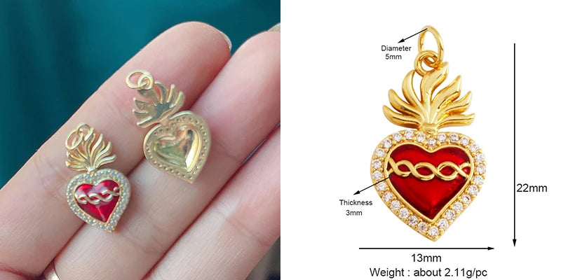 Red and Gold Sacred Heart Charms 18K Gold Plated for Jewellery Making
