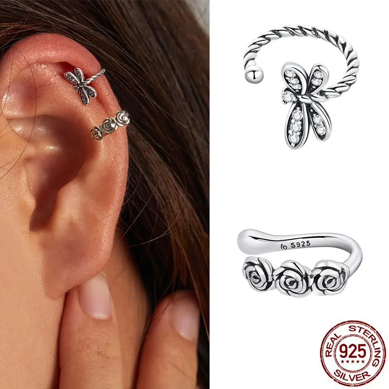 925 Sterling Silver Rose Dragonfly Ear Clips