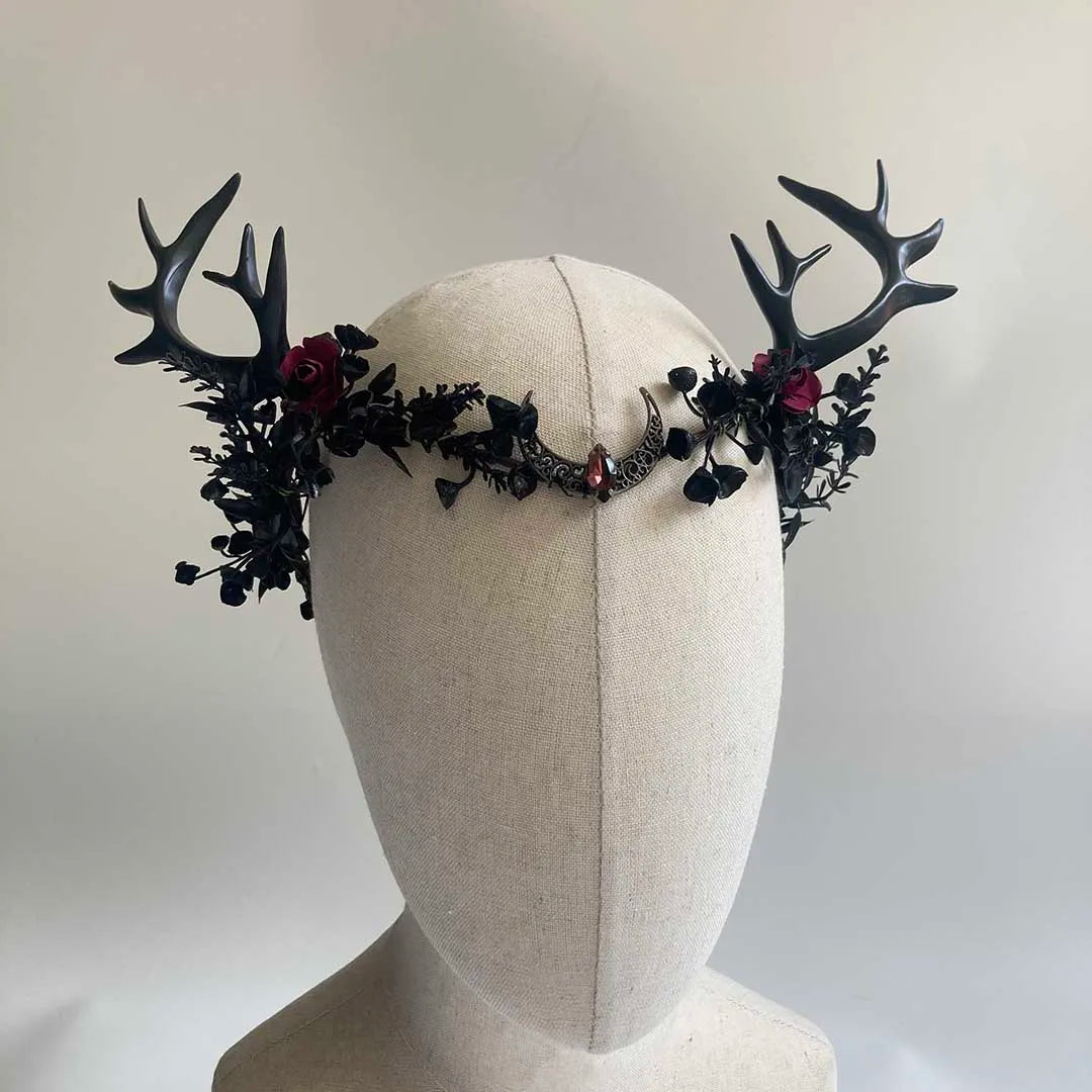 Handmade Black Antler Crown Gothic Woodland Headpiece Halloween Costume