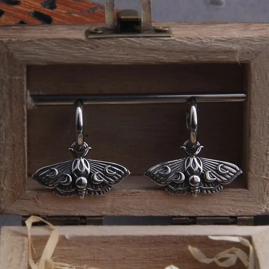 Pagan Moth Moon Phase Stainless Steel Earrings with Wooden Box