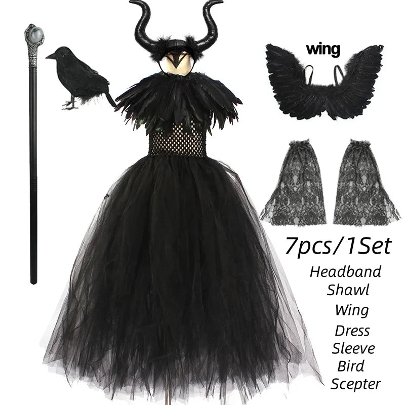 Girls Maleficent Black Tutu Halloween Costume with Feather Shawl