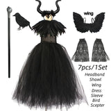 Girls Maleficent Black Tutu Halloween Costume with Feather Shawl