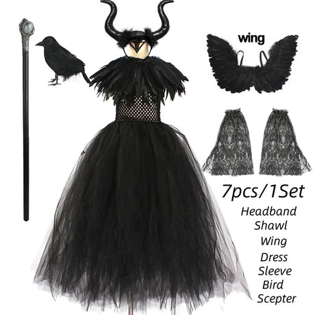 Girls Maleficent Black Tutu Halloween Costume with Feather Shawl