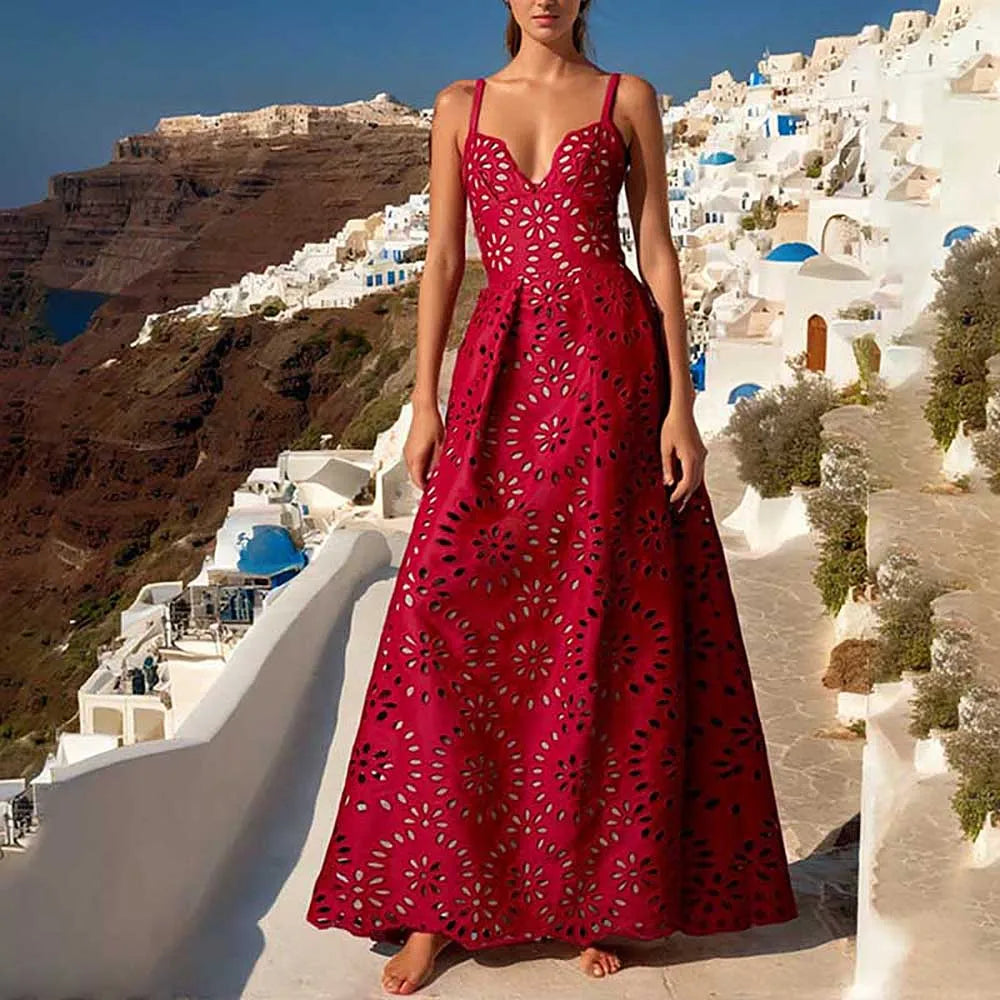Red Flower Hollow Lace Swimsuit Skirt Resort Wear