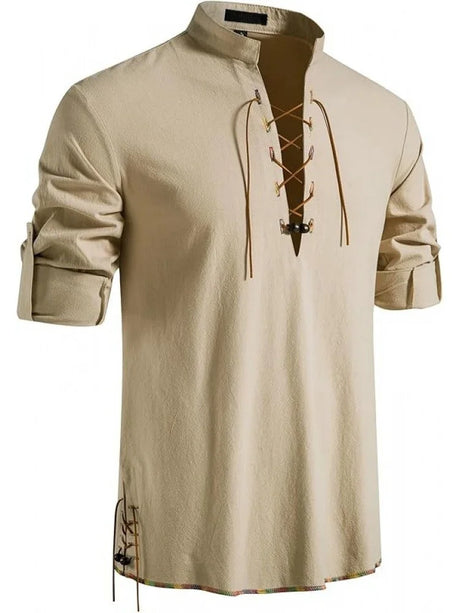 Men's Pure Cotton Medieval Lace Up Shirts Renaissance Pirate Viking T-shirt