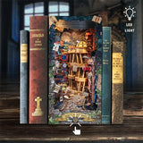 Magic Night Alley DIY Wooden Book Nook Shelf Insert Miniature Building Kits Bookshelf Decor with LED Lights