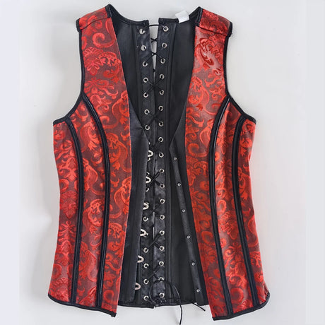 Men's Red Jacquard Boned Waistcoat Corset Vest Lace Up Burlesque Performance Stage Costume