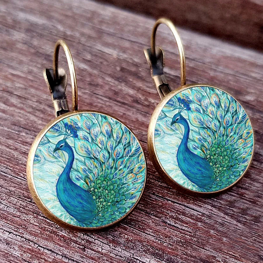 Peacock Paintings Cabochon Earrings