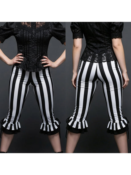 Women’s Black White Striped Capri Pants Slim Fit Bell Bottom Leggings Performance Wear Halloween Costumes