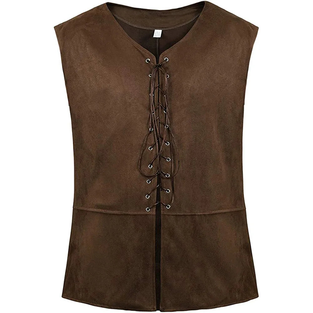 Men's Medieval Faux Suede Vest Sleeveless Shirt Vikings Cosplay Archer Costume