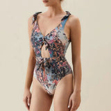 Lillian's Glam Print One Piece Hollow Swimsuit Matching Chiffon Pants