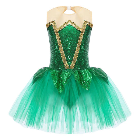 Royal Elf Green Sequins Girls Ballet Dance Dress Tutu Gymnastics Leotard Figure Skating Dance Performance Costume
