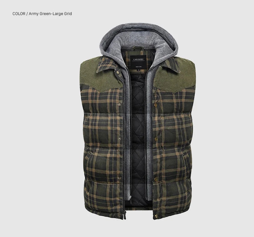 Woodsman Cotton Plaid Hooded Puffer Vest Jacket Thick Warm Winter Plaid Sleeveless Coat