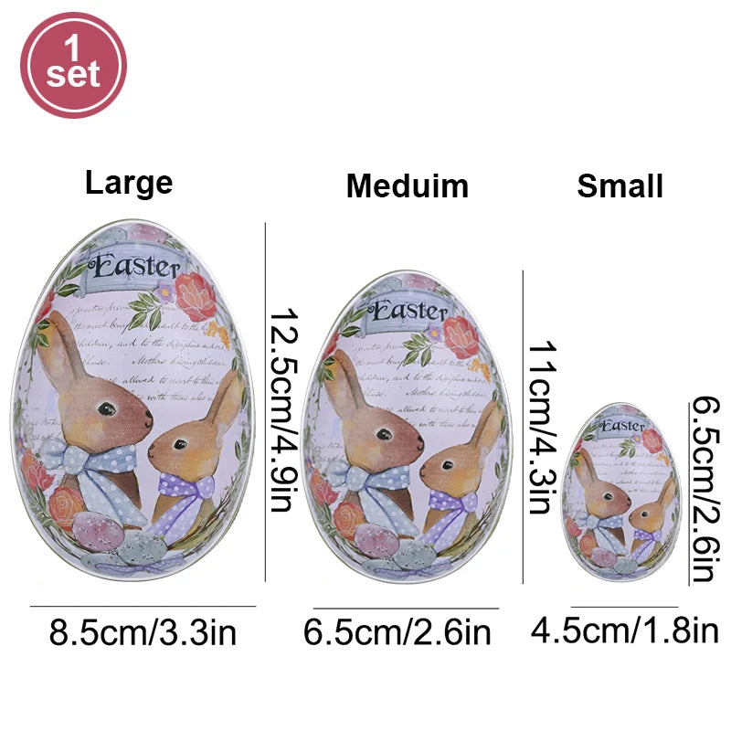 3 or 6 Large Medium Small Easter Eggs Bunny Pattern Metal Egg Shaped Candy Gift Box Easter Decoration