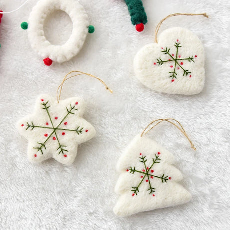 Set of Three White Christmas Handmade Embroidered Felt Mini Snowflake and Heart Christmas Tree Ornaments