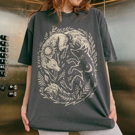 Fox Yin Yang Sun Moon T-shirt Mystical Animal Naturecore Tee Dark Academia