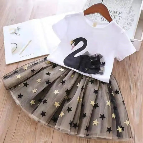 Swan T-Shirt+Sequin Skirts 2Pcs Baby Girls Clothing Sets Cotton Outfits