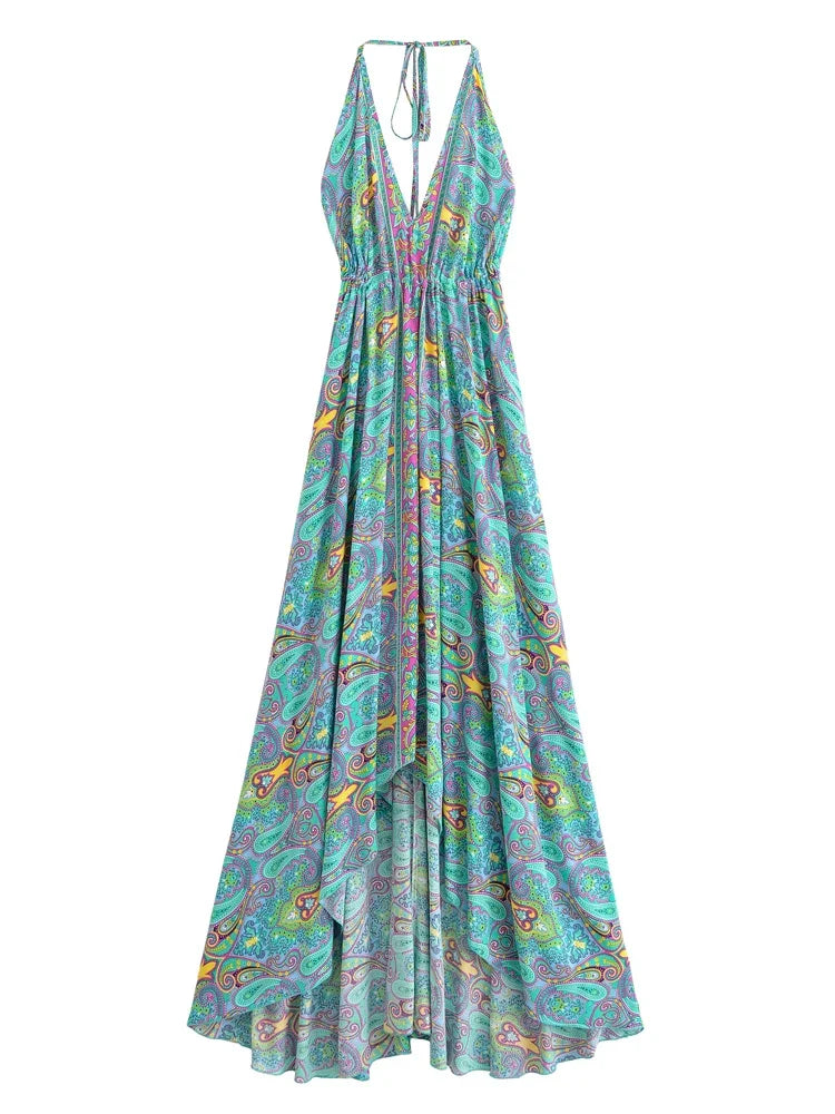 Nahlia's Wild Floral Backless Beach Boho Maxi Dress